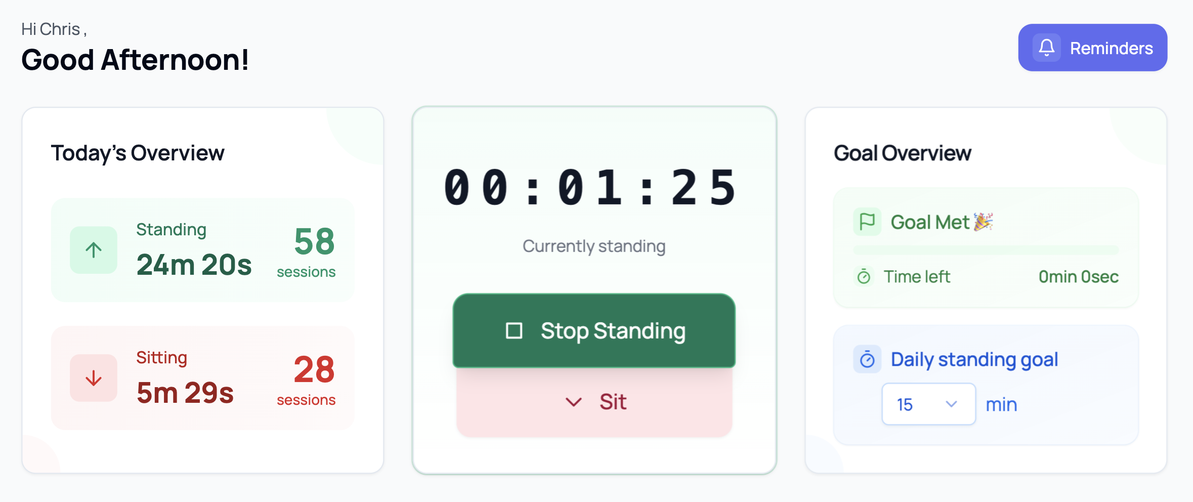 Standing desk timer interface